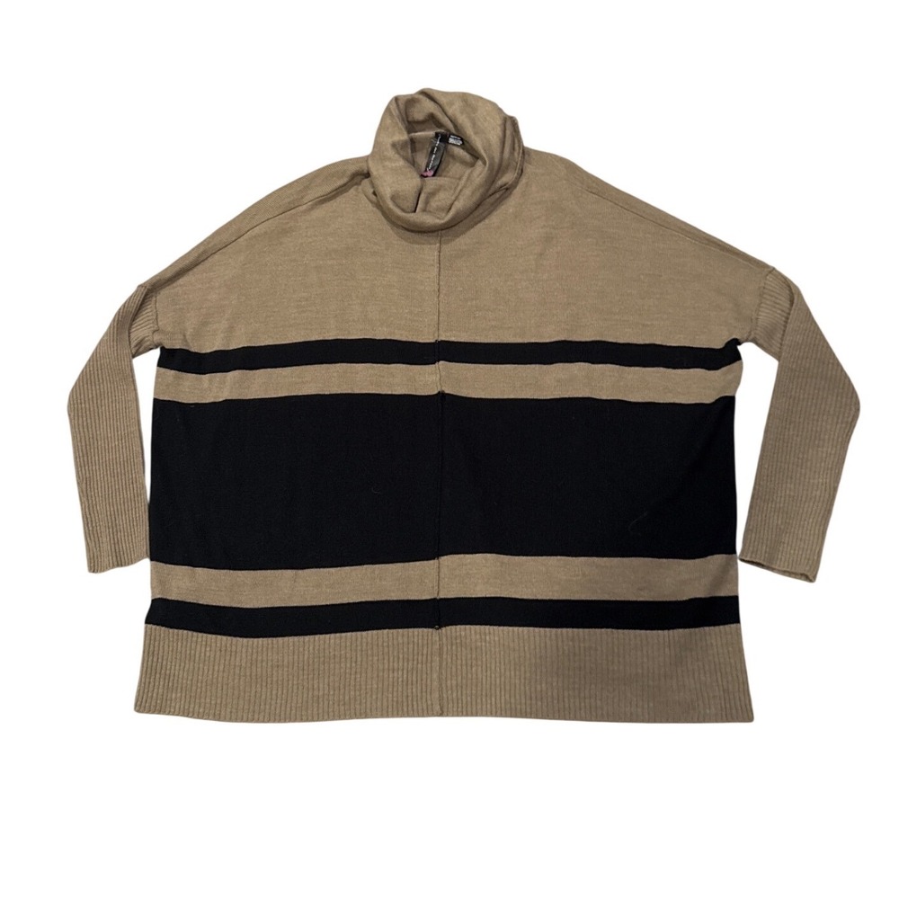 Le Temps des Cerises Womens Oversized Turtleneck Striped Sweater Tan Black XS/S